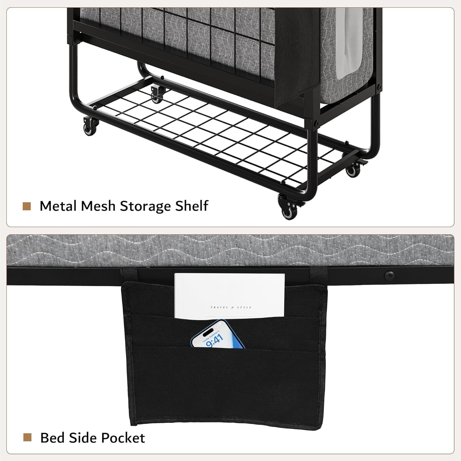 iPormis Folding Bed with Mattress, 76x38 Twin Size with Storage Shelf & Side Pocket, Portable Roll Away Adult Beds for Guests, Portable Bed with Lockable Wheels-Sturdy Metal Frame , Space Saving