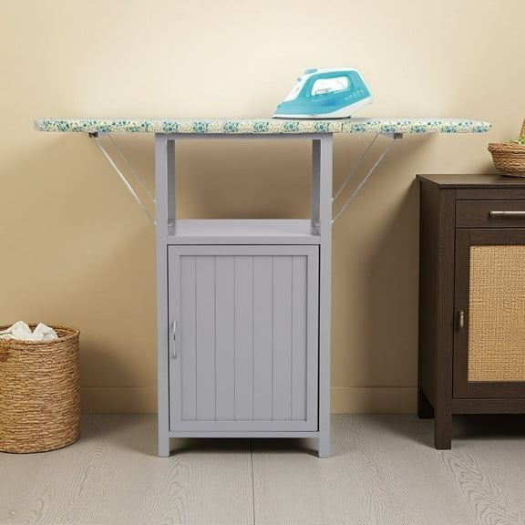 MINESTIA Ironing Board, Foldable Solid Wood Ironing Station Cabinet for Small Spaces, Sewing, and Crafting, Gray, 48.43" x 15.16" x 36.61"