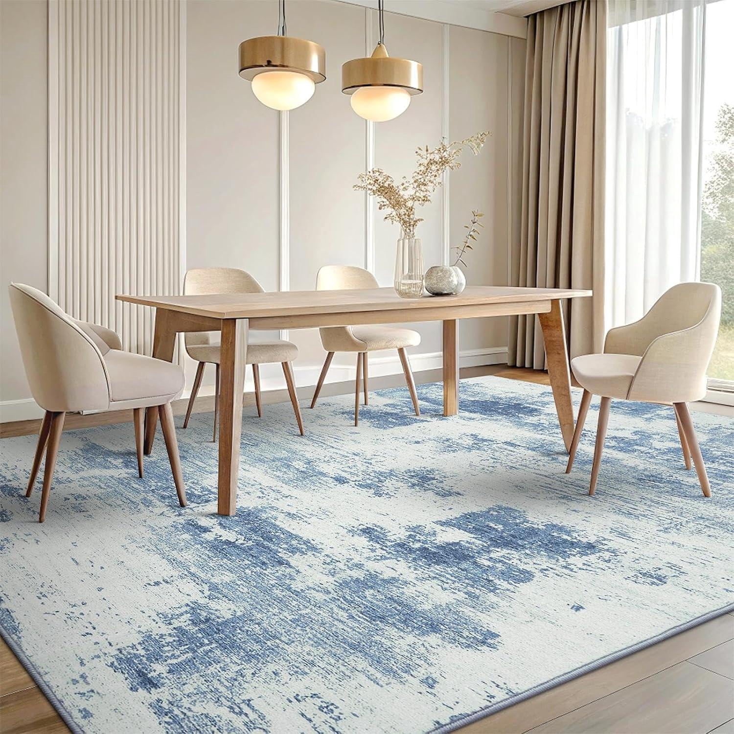 Buganda Area Rug for Living Room 5'X7', Washable Artificial Wool Area Rug, Low Pile Non-Slip Carpet for Bedroom Office Dining Room, Blue