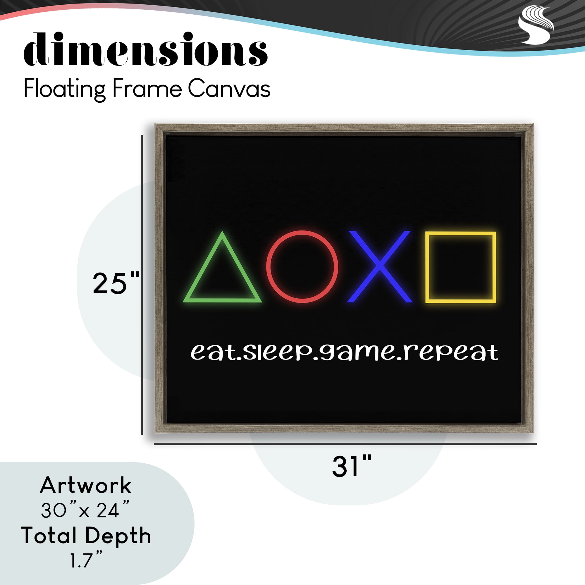 Neon Gaming Symbols & Words Brown Framed Floater Canvas Wall Art, design by Christine Simpson Art