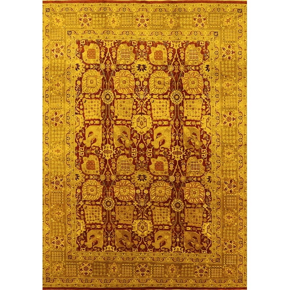 Ahgly Company Machine Washable Indoor Rectangle Oriental Yellow Traditional Area Rugs, 8' x 12'