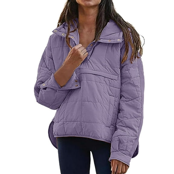 ZHOUCHANKIDS Women's Pullover Puffer Jacket Hooded Oversized Lightweight Quilted Jacket Winter Warm Padded Coat Purple S