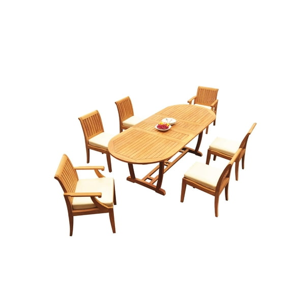 Grade-A Teak Dining Set: 6 Seater 7 Pc: 94" Mas Oval Trestle Leg Table And 6 Lagos Chairs (2 Arm & 4 Armless Chairs) Outdoor WholesaleTeak #WMLG31