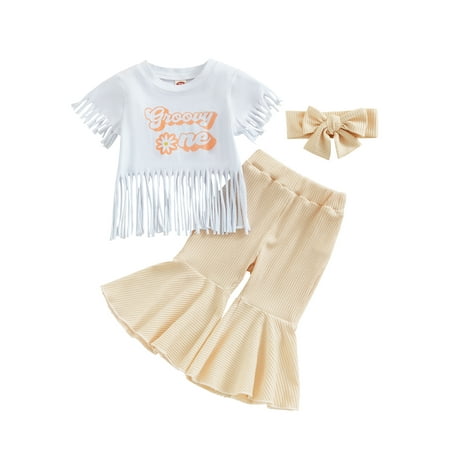 

Binwwede Baby Girls Birthday Letter Print Short Sleeve T-shirt with Tassels and Casual Flare Pants Headbands