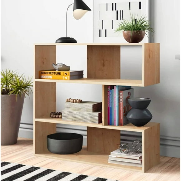 JV Home Molly Bookshelf Stylish Bookcase 3 Tier Shelving Storage Plant Stand Low Book Shelf Shelves Case Etagere de Rangement for Living Room Kitchen Laundry Bedroom 37x35 Inch (Oak)