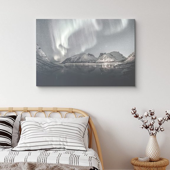 PixonSign Canvas Print Wall Art Vintage Style Aurora Borealis Over Mountains Nature Wilderness Photography Modern Art Contemporary Scenic Relax/Calm Grey Duotone for Living Room, Bedroom - 24"x36"