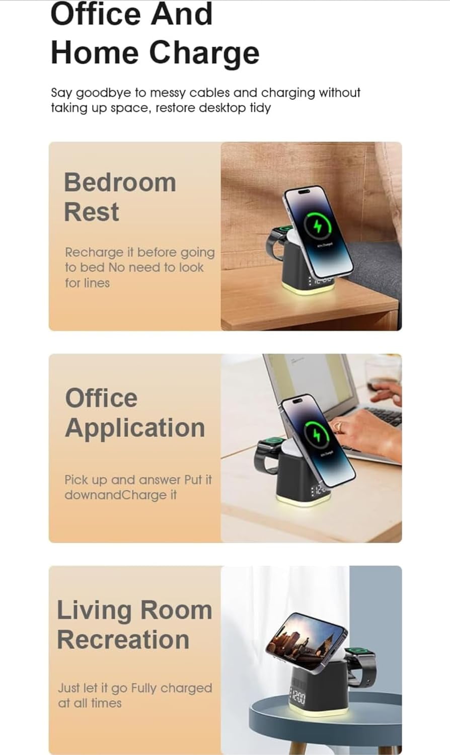 Wireless Charger- iPhone and Samsung with Alarm Clock, and Night Lights 6-in-1 The Latest 2024 Stylish