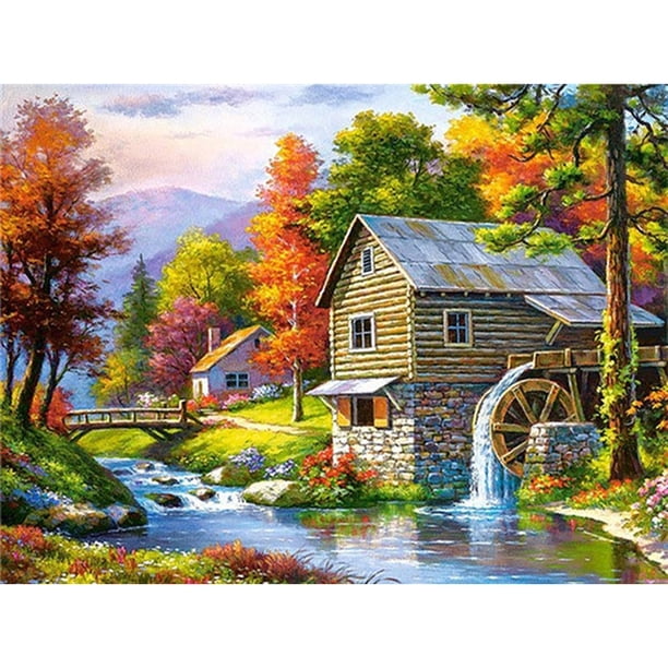 Kit de bordado completo de punto de cruz de 60x45cm, paisaje de molino estampado, decoración del hogar FLhrweasw Nuevo