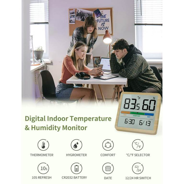 Vocoo Digital Hygrometer Indoor Thermometer for Home, Magnetic Room Temperature Gauge Humidity Monitor 3.3in Screen, Air Comfort Indicator, Time, Date