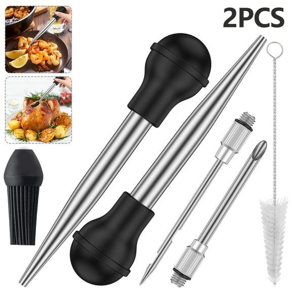 2Pcs Baster Stainless Steel Turkey Baster Syringe with Cleaning Brush Meat Marinade Injector with 2 Needles and Detachable Silicone Round Bulb Meat Baster for BBQ Grill Baking Kitchen Cooking