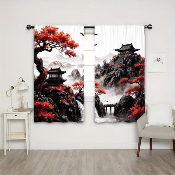 WNOOHIY Japanese Mountain Waterfall Pagoda Landscape Light Filtering Curtain Panels