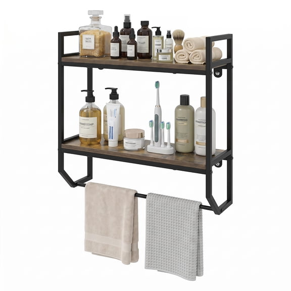 Gymax 2-Tier Floating Shelving Wall-Mounted Shelf with Hanging Rod Expansion Screws