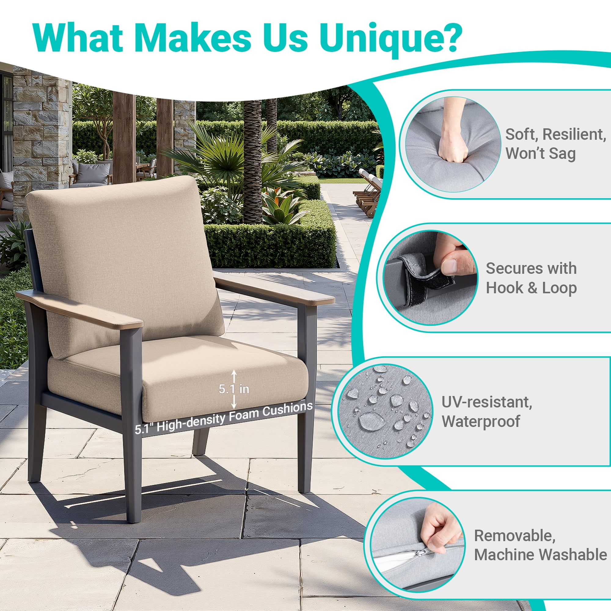 Muphyers 7 Piece Aluminum Outdoor Patio Furniture Set, 55000 BTU Propane Fire Pit Table, Sectional Sofa, 5.1“ Thick Cushions, Ottomans for Backyard, Deck, Garden,Khaki