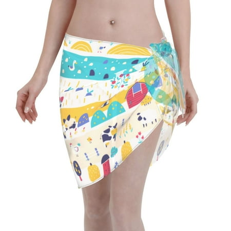 Qekee Funny Farm Women s Short Sarongs Cover Ups Sheer Bikini Wraps for Swimwear