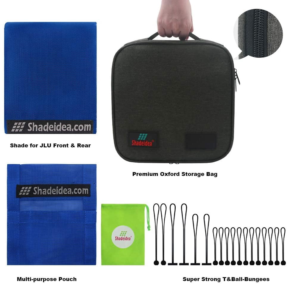 Shadeidea Jeep Wrangler Sunshade JL Unlimited 4 Door JLU Sun Shade (2018-Current) Top Front+Rear+Trunk-Blue Mesh Screen Cover UV Blocker with Grab Bag Storage Pouch-10 Years Warranty