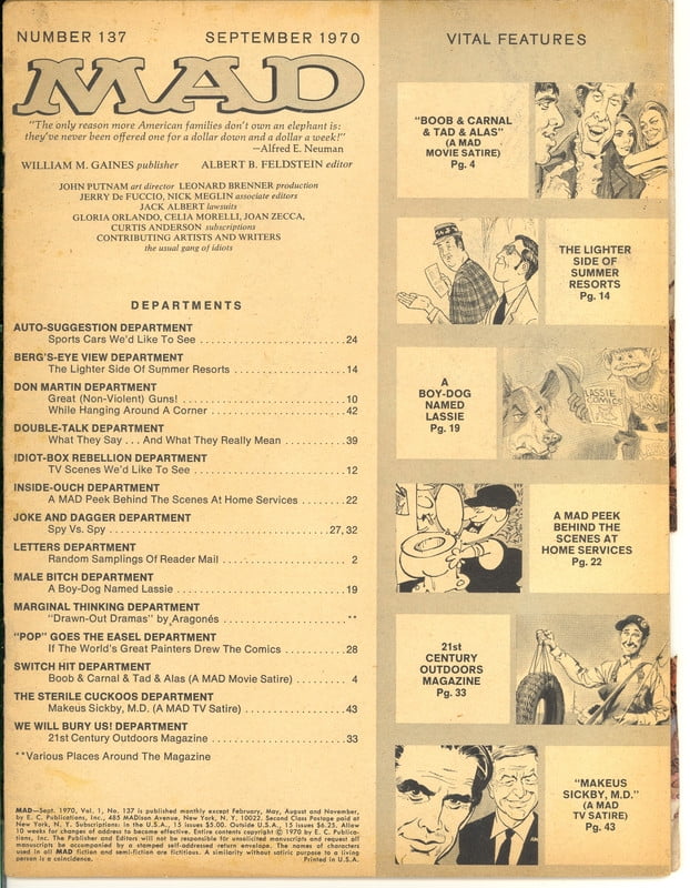 MAD Magazine Vintage Collectible #137 NO COVER SETP 1970