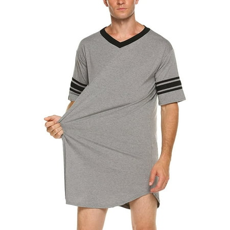

Men V-Neck Short Sleeve Nightshirt Loose Nightwear Pajamas Stripe Irregular Hem Long Sleepshirts Unisex Soft Loose Casual Homewear