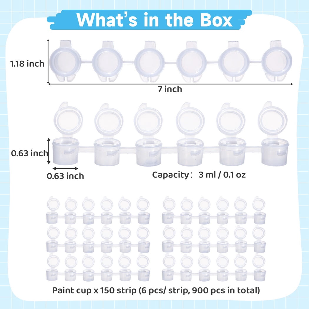 150 Strips Mini Empty Paint Cups, 900 PCS Paint Cup Pots Cans, Mini Clear Plastic Paint Storage Containers with Lids, 3ML Art Painting Craft Supplies for Classrooms Schools Paintings Art Festivals