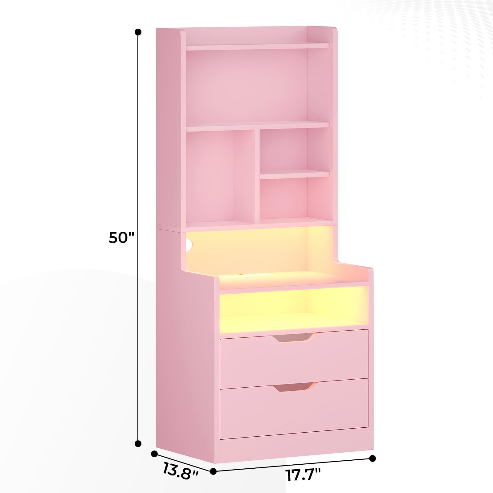 Tall Nightstand with Charging Station and LED Lights,Nightstand with Bookshelf,Bedside Table with Drawers & Power Outlets,End Side Table,Pink