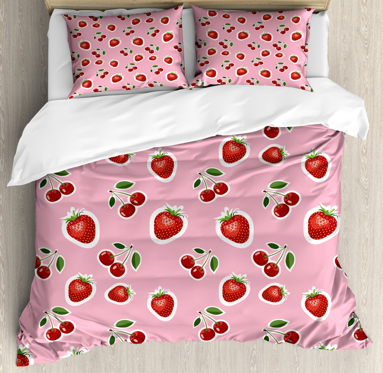 Fruit Duvet Cover Set, Digital Print of Strawberry and Cherry Pattern