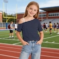 thumbnail image 3 of HAiming Girls Tops off the Shoulder Short Sleeve Striped Color Block T Shirts Loose Casual Fashion Tee Summer Vacation Workout Blouses, 3 of 9