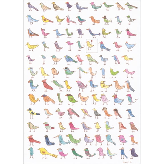 RSVP Single Yellow Bird with Balloon on Tail Among Many Birds Mother's Day Card