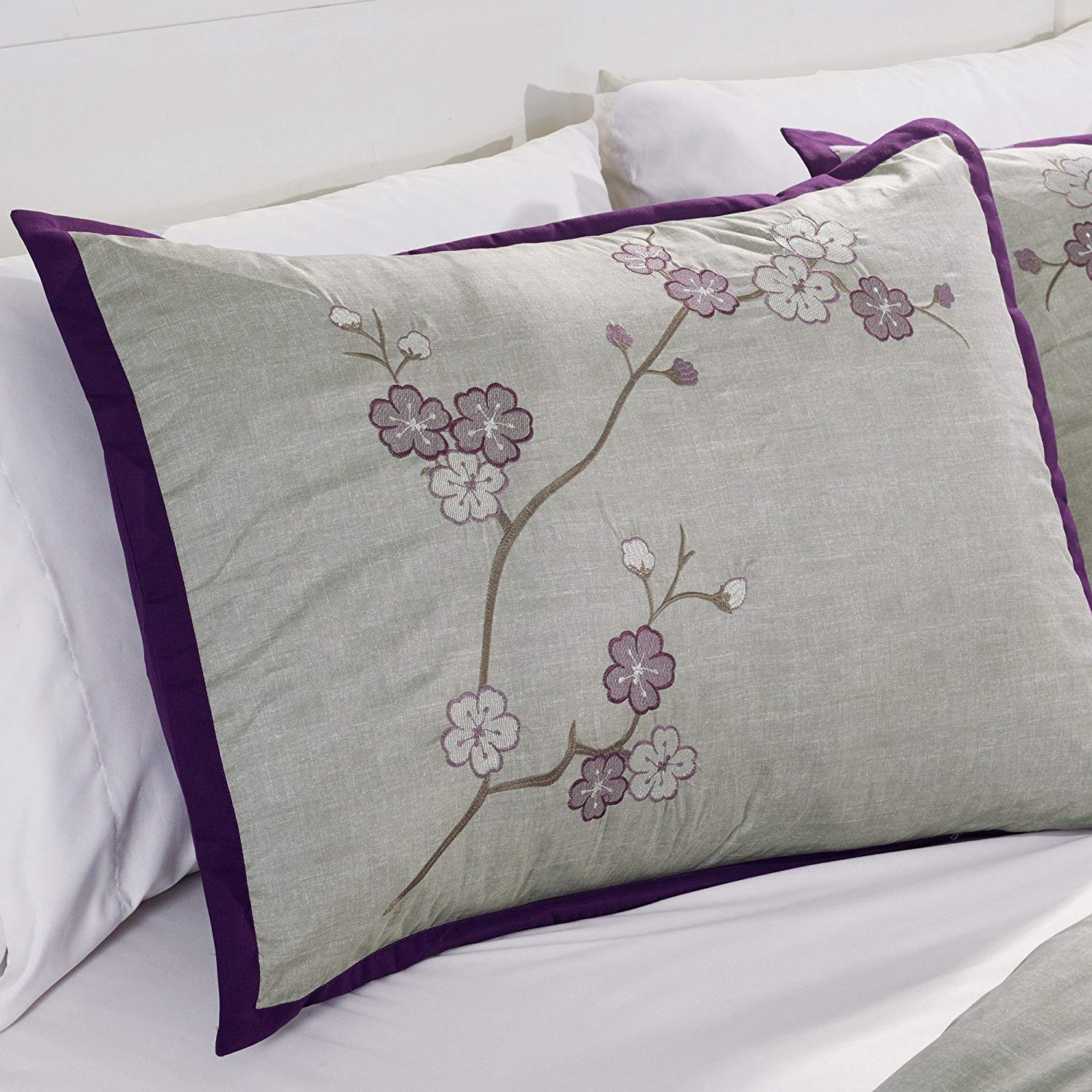 Miki 7 Piece Floral Purple Gray Cherry Blossom Embroidery