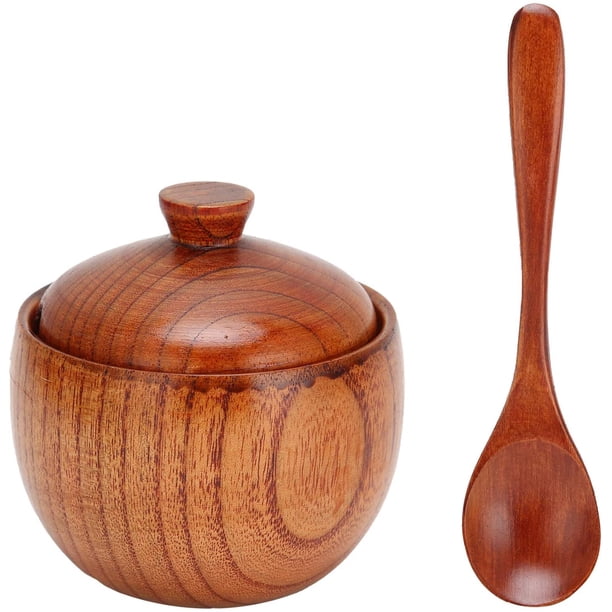 Tarro de madera para especias, azucarero, sal, pimienta, caja de condimentos con cuchara y tapa, herramienta de cocina, tapa de olla, cuchara, azúcar, salsa de sal, estilo retro japonés