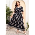 thumbnail image 2 of AURA Plus Size Retro Geometric Maxi Dress V Neck Short Sleeve Elastic Waist Pleated Long Dress with Side Slit for Spring, 2 of 4