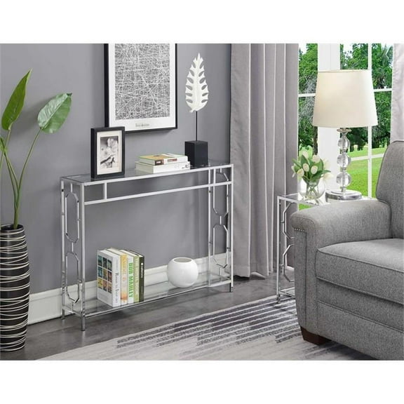 Pemberly Row Modern Clear Glass Rectangular Console Table in Chrome