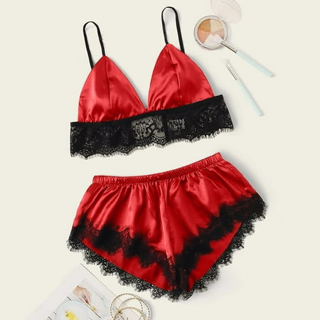 Dihao Pajama Sets For Women 2 Piece Womens New Sexy Lace Lingerie Silk Sling Bra with Underwear Pants Two Piece Set High Waistes Elastic Lounge Set Homegown