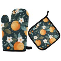 Yayeee Oven Mitts and Pot Holder Set of 4 Heat Resistant Kitchen Gloves Baking Hot Pad, Green Oranges