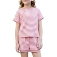 thumbnail image 3 of VBTAPA Toddler Boys Girls 2 Piece Lounge Set Kids Striped Short Sleeve T-Shirts Elastic Waist Shorts Casual Summer Clothing Sets Pink 3-4Years, 3 of 8