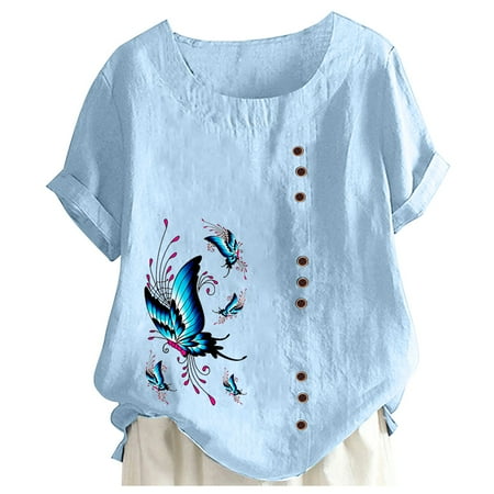 

HSMQHJWE Summer Tops Plus Size Camisole Bra Women S Printed Round Neck Raglan Sleeve Hem Slit Loose Short Sleeve Button Decoration Shirt Oversized Short