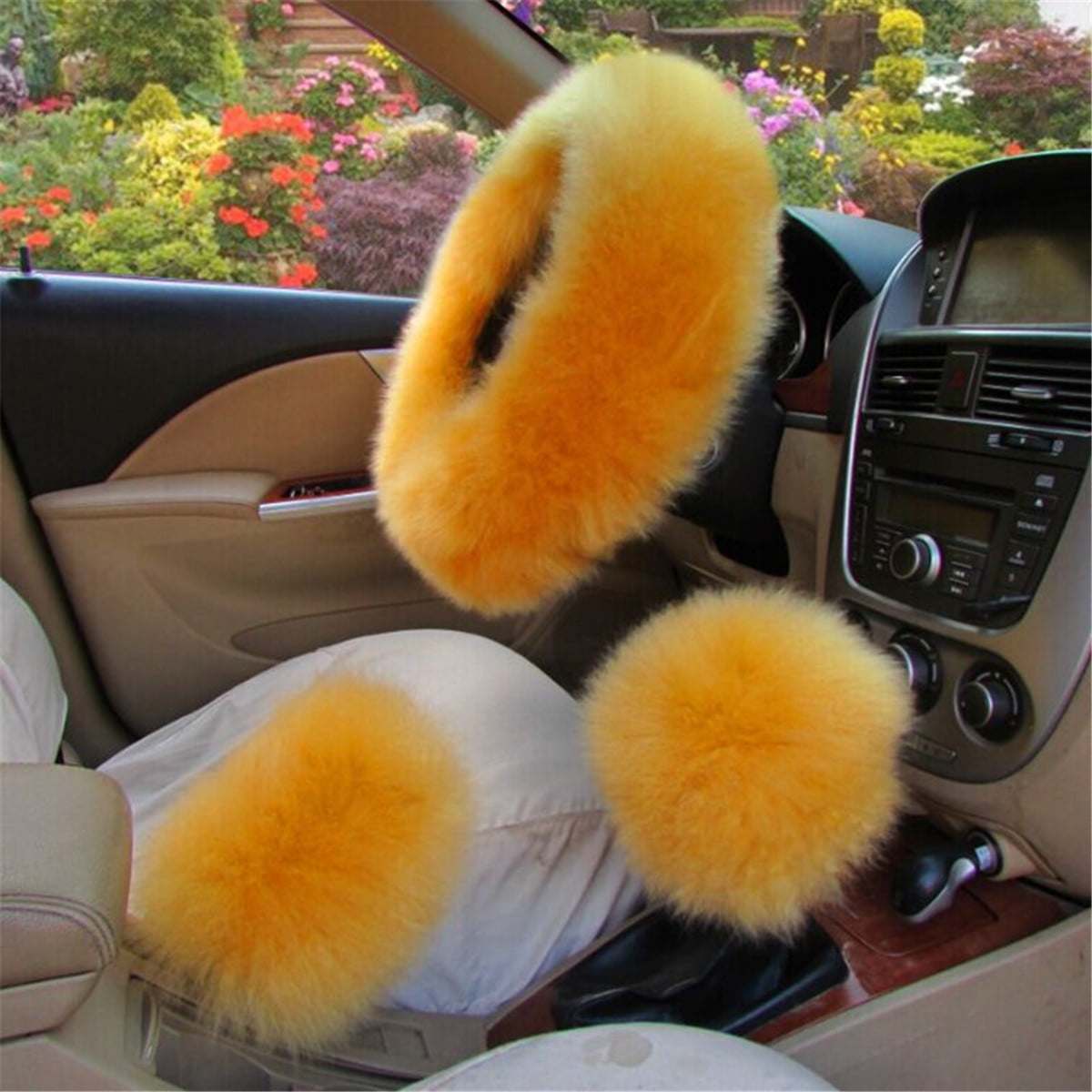 3pcs Fashion Furry Car Steering Wheel Cover Protector Gear Knob Shifter Parking Brake Cover Set Car Accessories Interior Decor