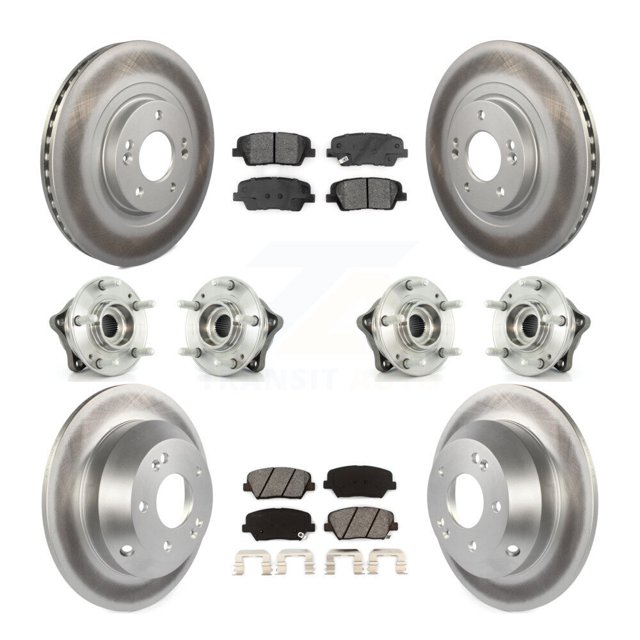 Transit Auto Front Rear Hub Bearing Assembly Coated Disc Brake Rotor and Semi-Metallic Pad Kit (10Pc) for Car 2014-2015 Kia Sorento AWD with Red Painted Calipers Left Right Driver Passenger KBB-112285