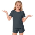 thumbnail image 6 of CPNG Girls 2 Piece Short Set Kids Summer Outfit Soft Solid Color Short Sleeve Crewneck T-shirt Elastic Waist Shorts Sweatsuit Set(Navy,3-4 Years), 6 of 9