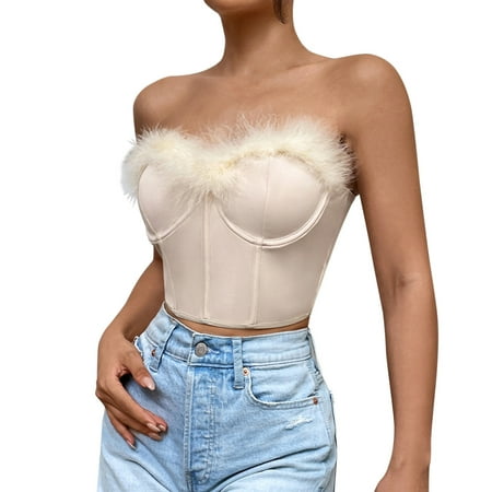 OJSFQUFP WomenS Blouses Beige Women s Solid Color Sexy V Neck Eyelash Lace Short Feather Corset Top Breathable and Soft Top Glamorous Camisole S