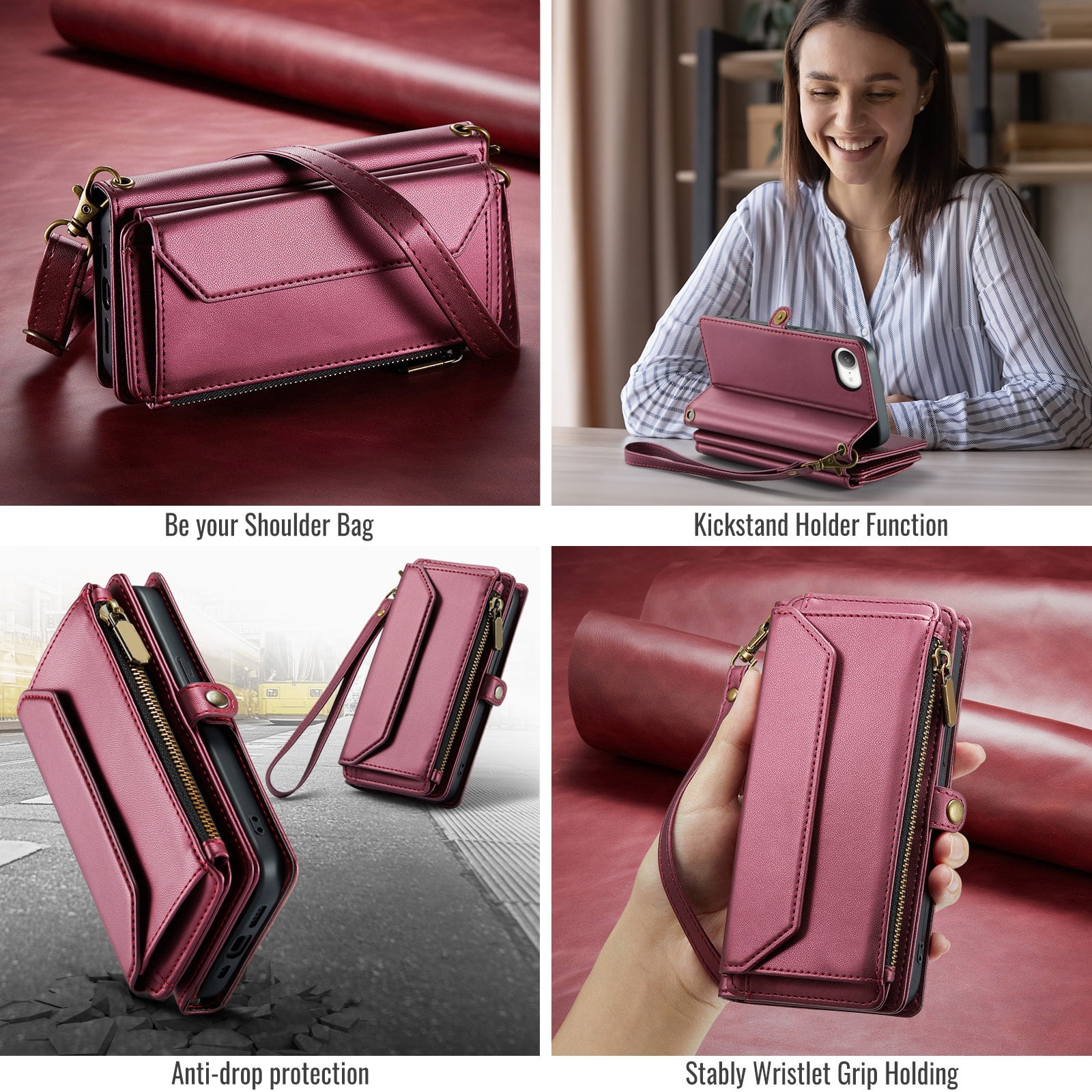 Compatible with iPhone 16e/SE 2025/SE 4 Zipper Wallet Phone Case Tempered Glass Screen Protector Crossbody Lanyard Strap Flip Card Holder Slot Cell Cover for i Phone16e i16e 16 e SE4 Women Wine Red