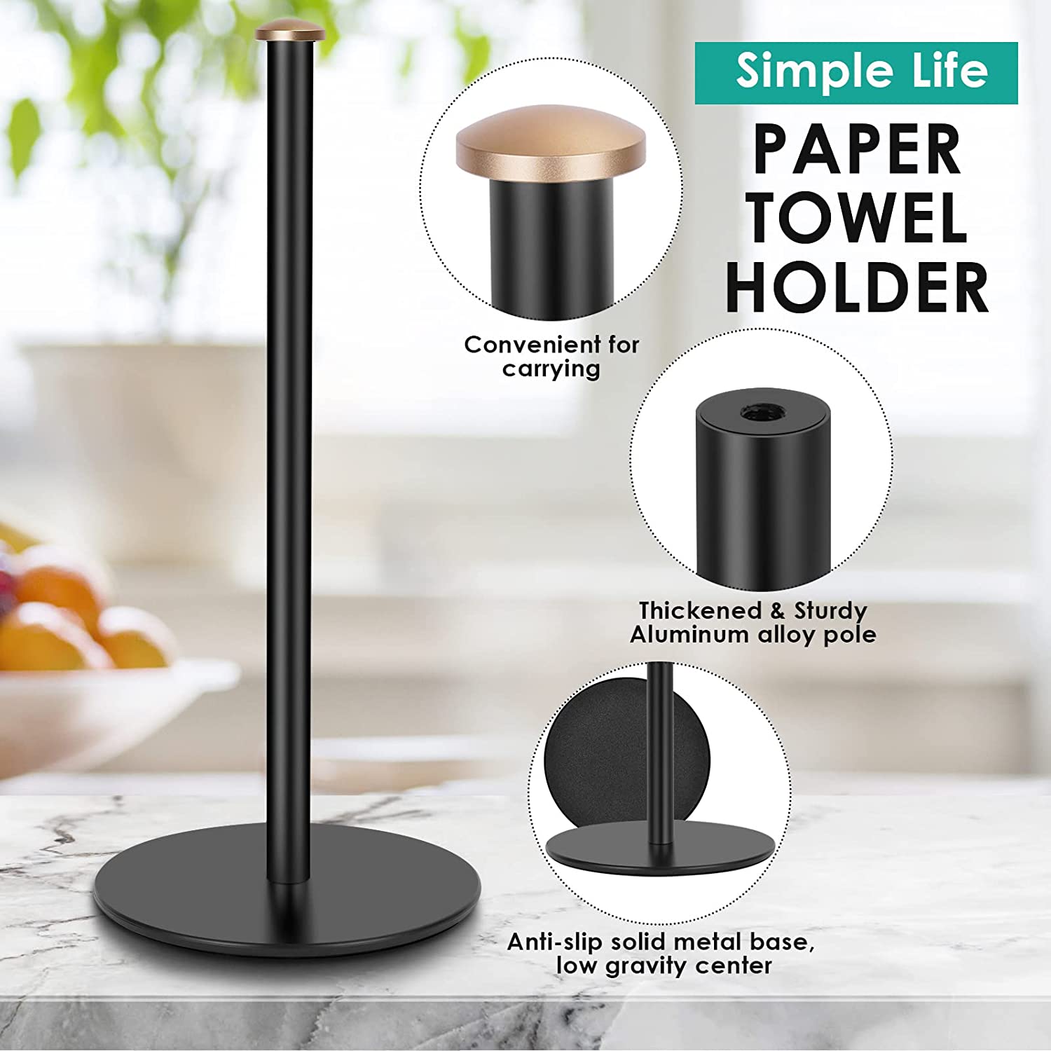 Paper Towel Holder Black, Adjustable Paper Towel Stand for Countertop - New House Essentials,Matte Black Bathroom Paper Towel Holders - Holds 3 Rolls,Kitchen Paper Towel Dispenser for Counter