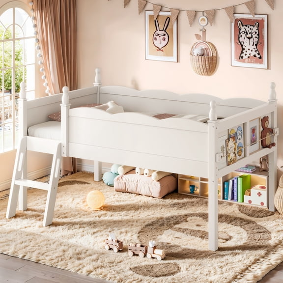 Miniyam Twin Low Loft Bed with Bookshelf and Guardrails, Wood Kids Bed for Bedroom, White