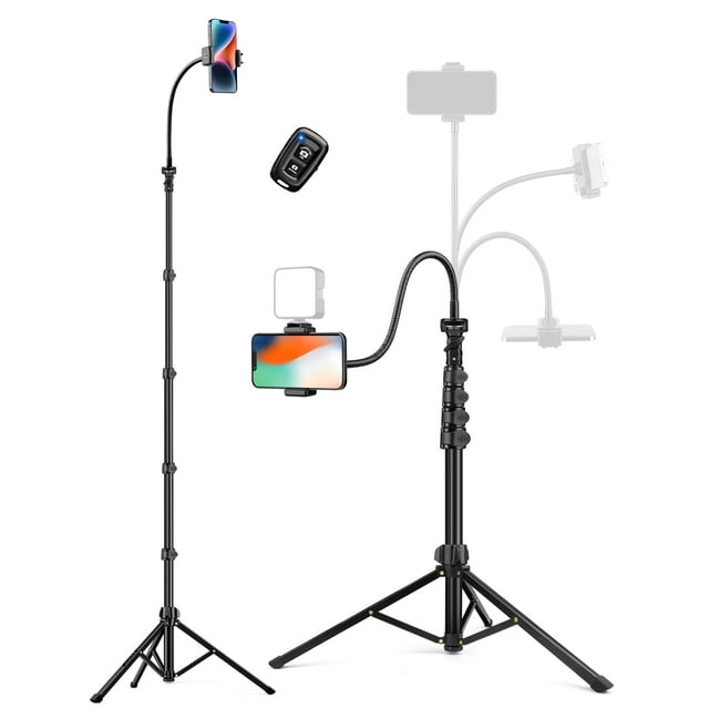Phone Tripod, 86 Tall Tripod for iPhone with Flexible Gooseneck & Remote, Portable Cellphone Tripod Stand, Aluminum Travel Tripod for Selfies, Video Recording, Compatible with iPhone Android