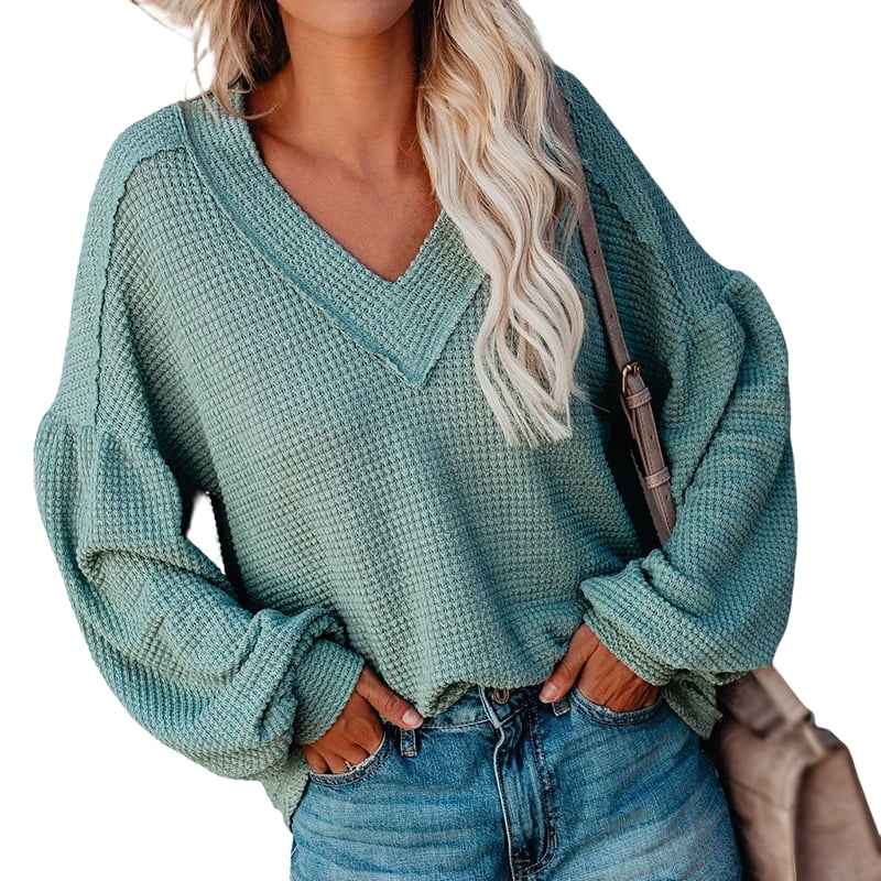 Womens Casual Waffle Knit Shirts Tunic Tops Oversized Sheer V Neck Balloon Sleeve Sweaters Loose Sweatshirts Blouses