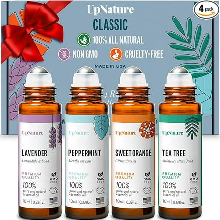 UpNature Top 4 Essential Oil Roll On Gift Set - Peppermint, Lavender, Tea Tree, Sweet Orange -Gift for Mom, Women & Men, Relaxing Gifts for Mom, Women & Men Essential Oil Set, Stocking Stuffer