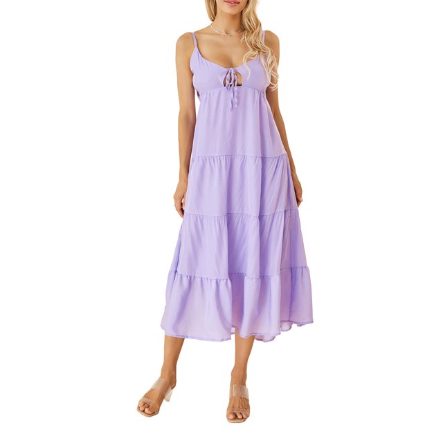 Kmbangi Robe Midi Cami d'Été pour Femmes Couleur Unie Bretelles Spaghetti Dos Nu Tie-Up Partie Beach A-line Robe