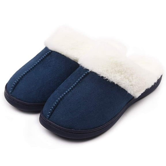 Women Slippers House Shoes : Blue Fuzzy Fur Memory Foam Non Slip Slipper - Indoor Outdoor Ladies Maternity Home Slide（Size：5-6）