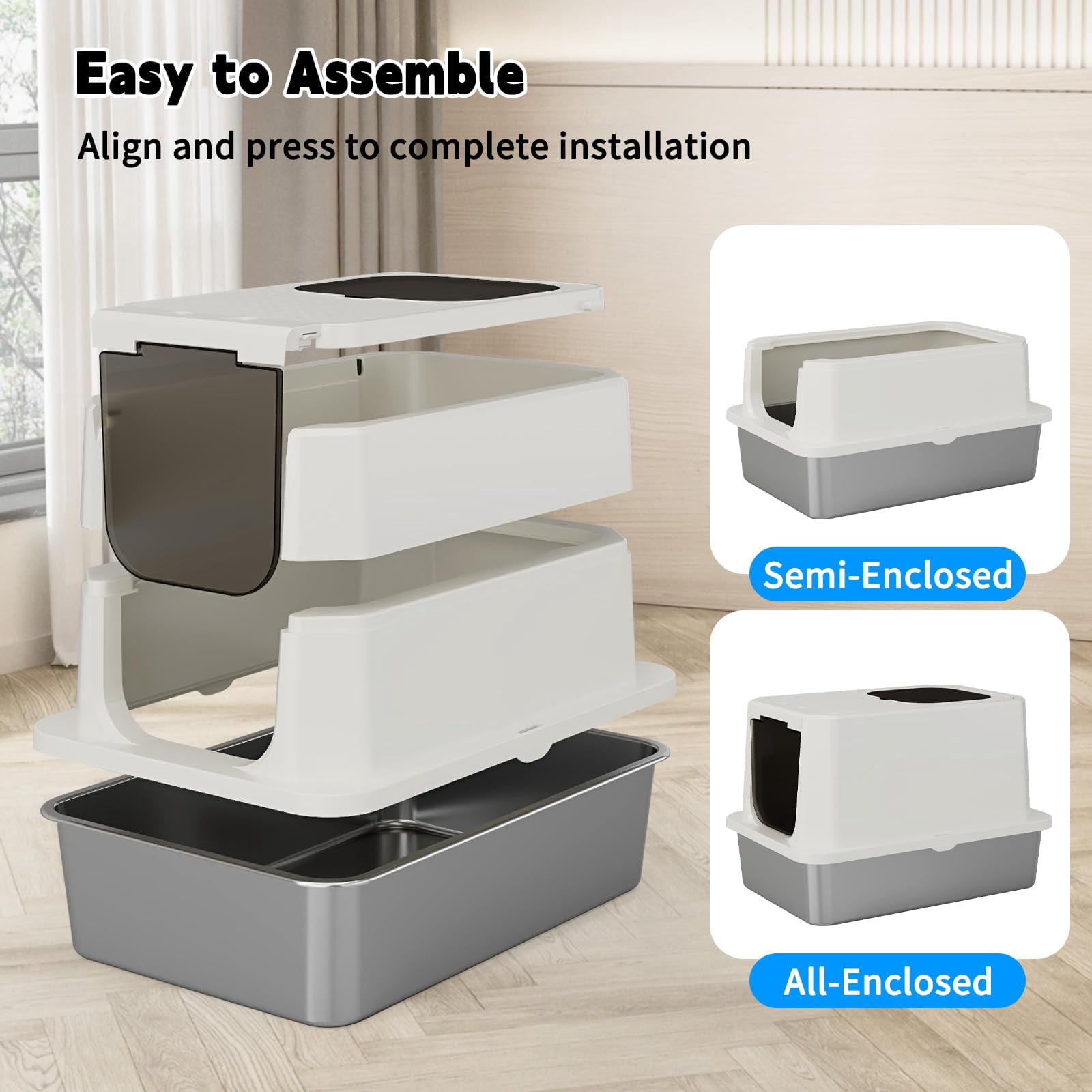 Stainless Steel Cat Box: Beige Leak-proof Large Enclosed Litter Pan Indoor Odorless Tray For Multiple Cats - Teflon Non-stick Coating Under 20 Lbs Ideal Laundry Room Balcony