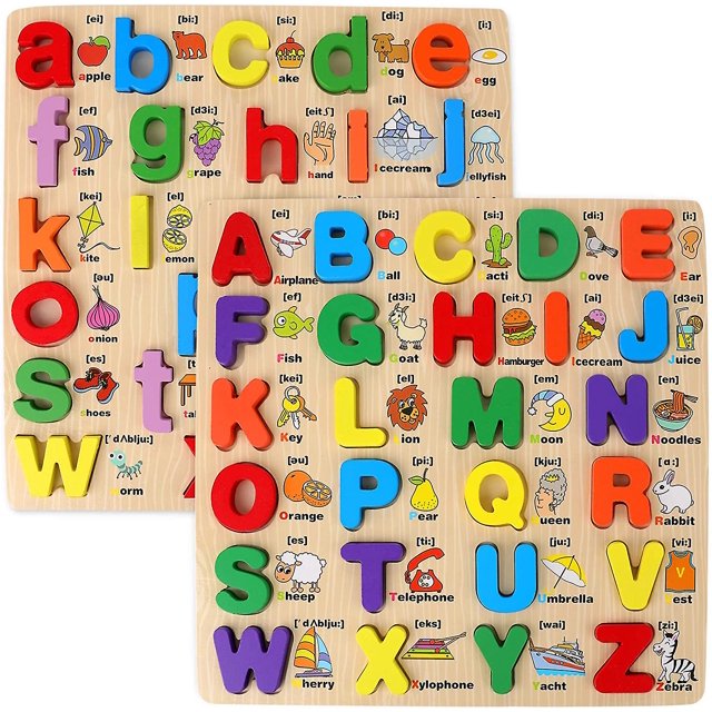 Wooden Puzzles For Toddlers, 2 Pack Chunky Wooden Peg Board Alphabet Puzzles With Colorful Fruit Animal Pattern, Educational Learning Toy For Kids Age
