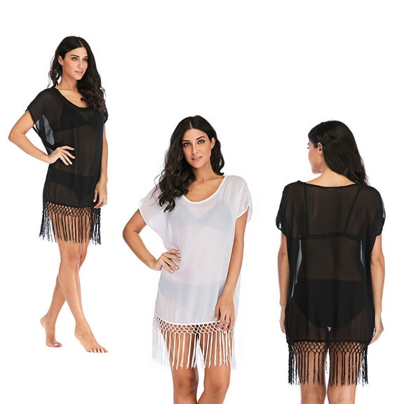 Women Chiffon Swimsuit Bathing Suit Bikini Stylish Beach Cover up with Long Tassel for Holiday Honeymoon