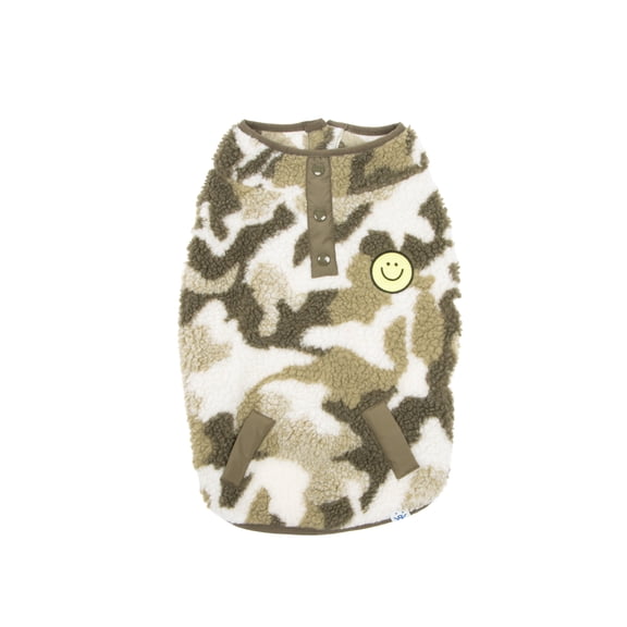 Oodles Smiley Face Fall Camo Sherpa Dog Jacket, Green, Small